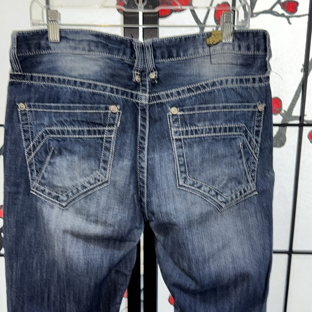 Buckle Salvage Supply 33x32  Mens Distressed Flare Leg Denim Jeans - Picture 11 of 14